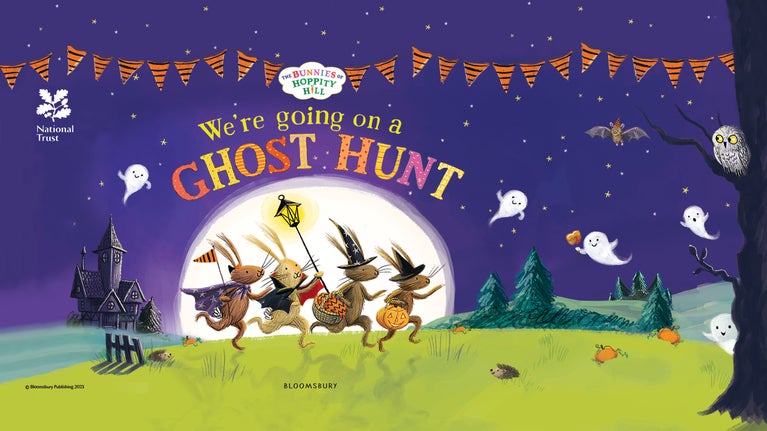 An illustration showing some rabbit characters tiptoing across a field at night time advertising the We’re Going on a Ghost Hunt™ Halloween Adventure children's trail
